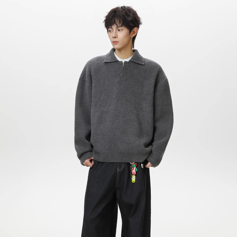 Lapel fleece knitted sweater Rock Ash