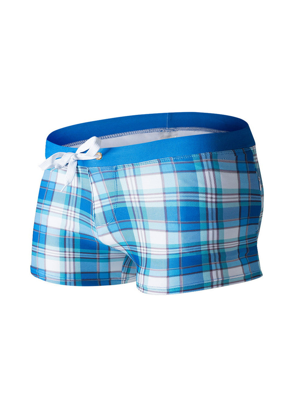 Men's Drawstring Plaid Swim Shorts With Pockets
