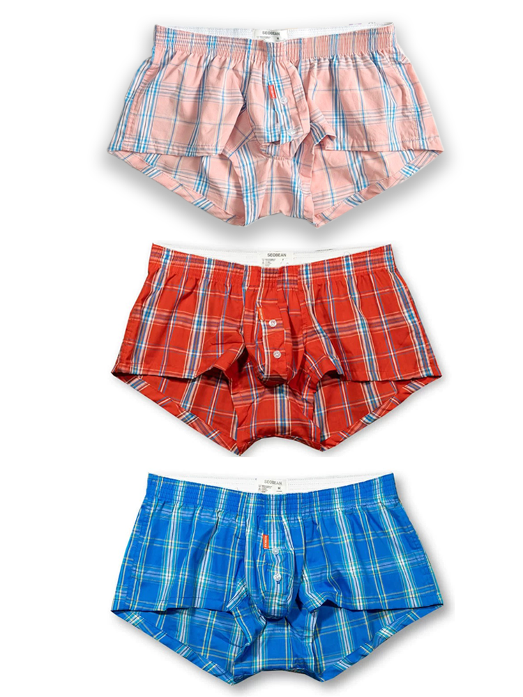 Men's Classic Plaid Cotton Trunks With Button Fly