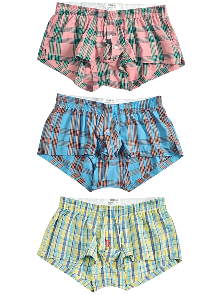 Men's Plaid Cotton Trunks with Button Fly – 3-Pack