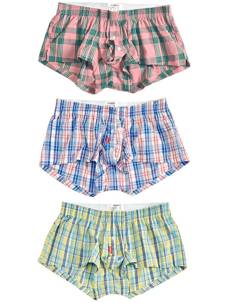Men's Plaid Cotton Trunks with Button Fly – 3-Pack