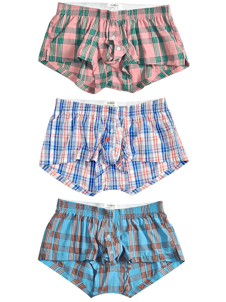 Men's Plaid Cotton Trunks with Button Fly – 3-Pack