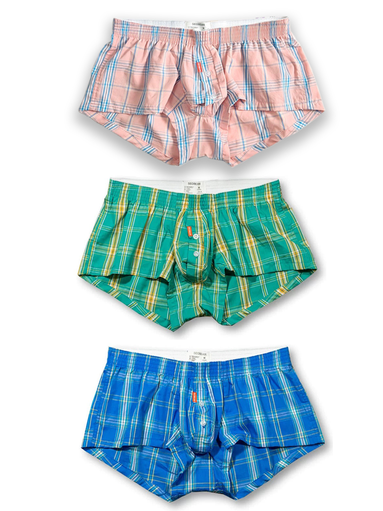Men's Classic Plaid Cotton Trunks With Button Fly