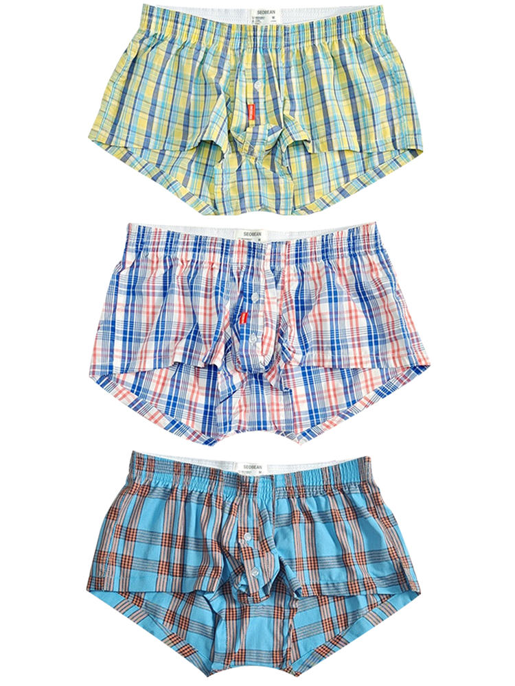 Men's Plaid Cotton Trunks with Button Fly – 3-Pack