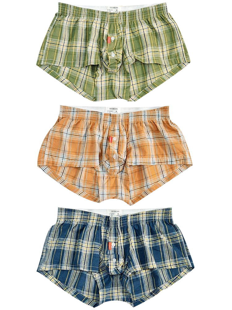 Men's Plaid Cotton Trunks with Button Fly – 3-Pack