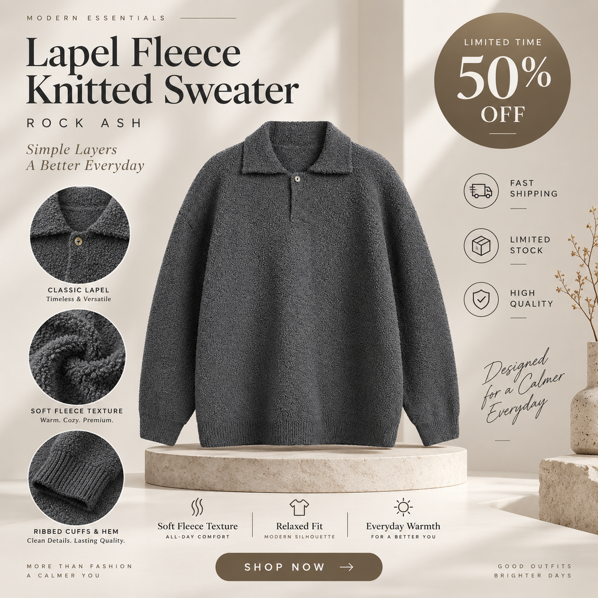 Lapel fleece knitted sweater Rock Ash