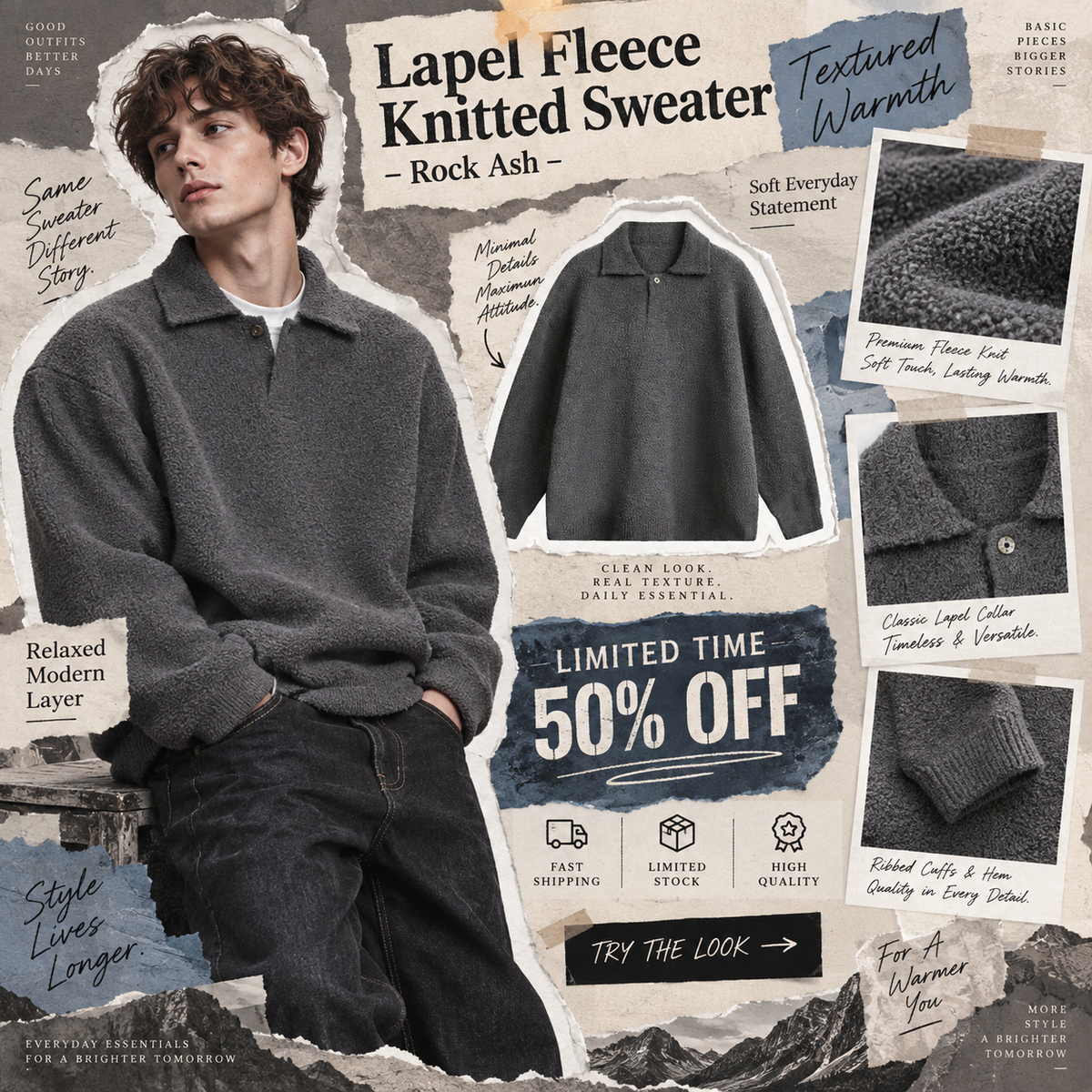 Lapel fleece knitted sweater Rock Ash